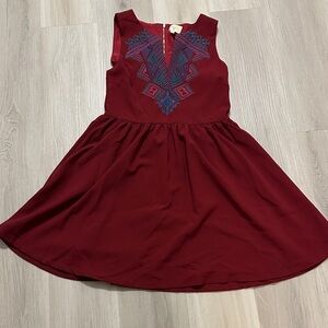 Everly Alena Burgundy A-Line Zip Up Dress with Chevron Aztec Embroidery
